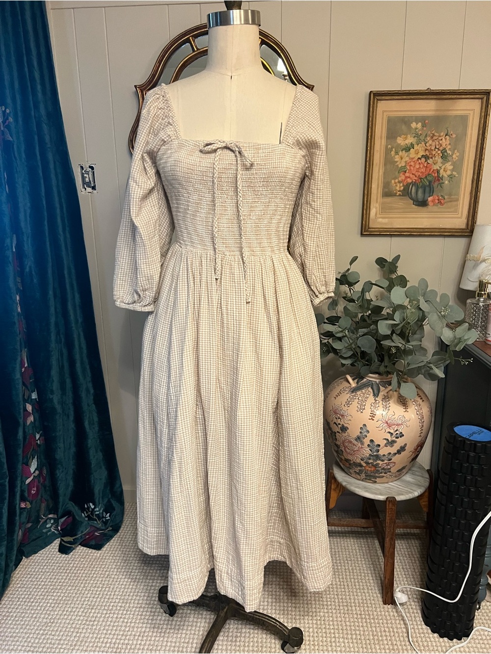 Never worn Quince cotton Smocked Square-Neck Maxi Dress in Beige Check